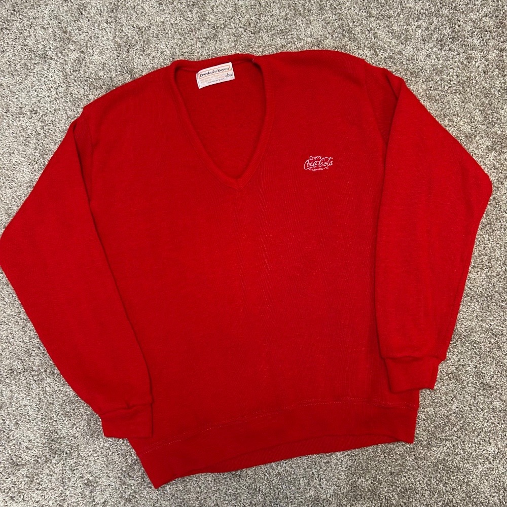 Vintage Coca‎ Cola V-Neck Sweater Men Size Large Made In USA Creslan And Rayon